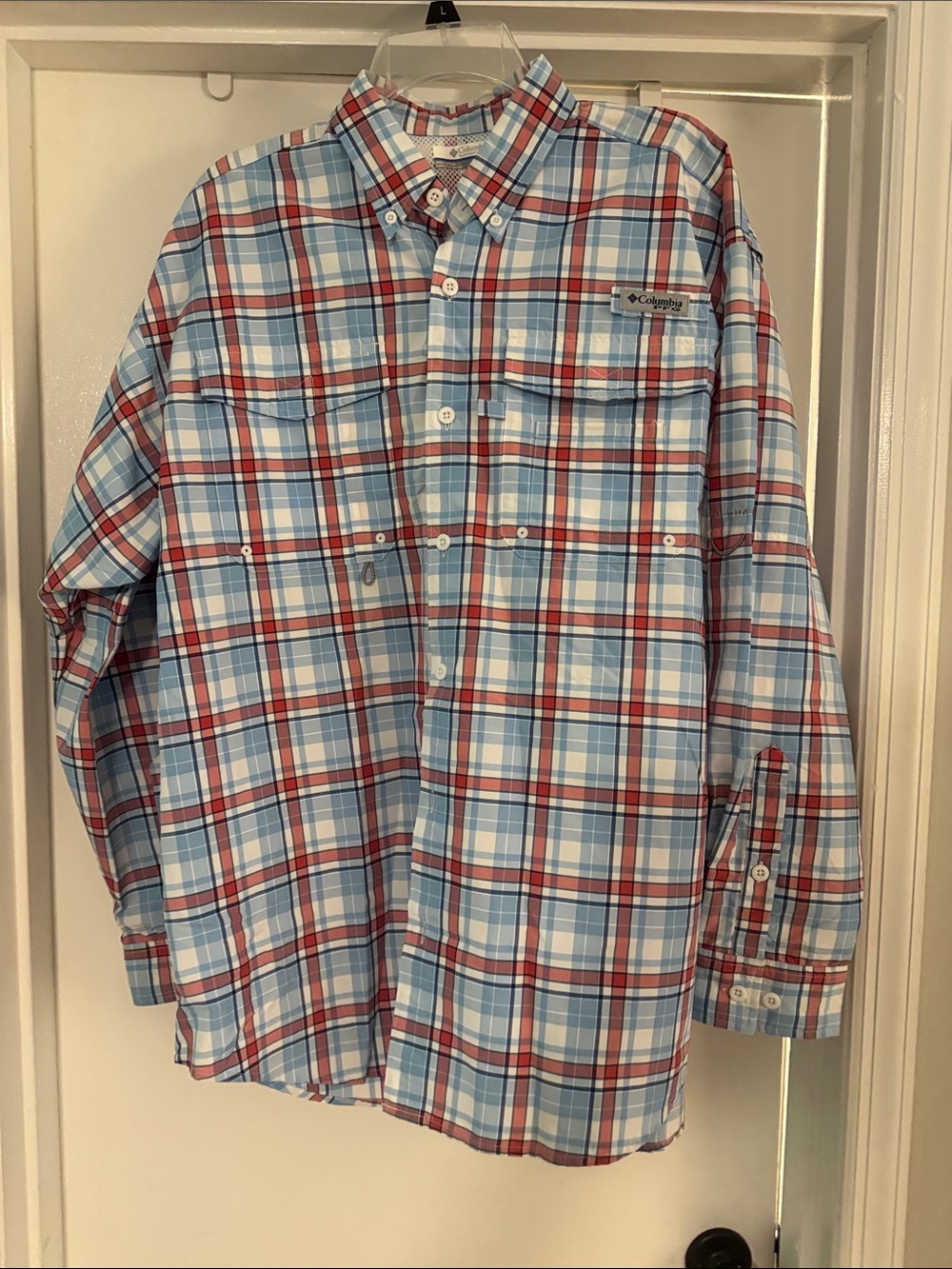 Columbia Men’s Plaid Button-Down Shirt - Light Blue/Red/White